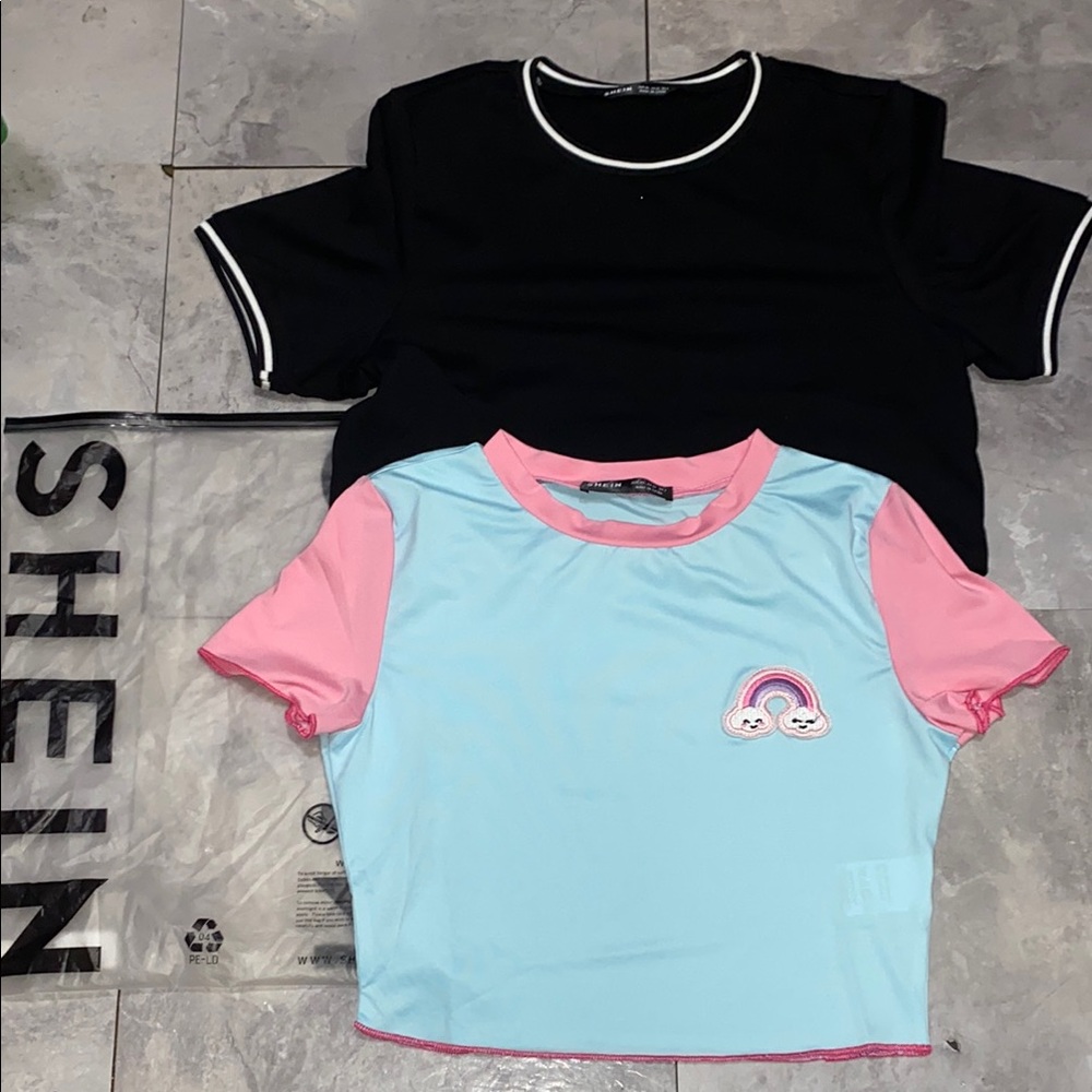 SHEIN women crop top Blue Pink & black short sleeve women Xs brand new